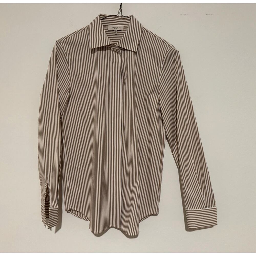 Lafayette 148 Striped Concealed Button Up Shirt XS Cotton Career Top Workwear
